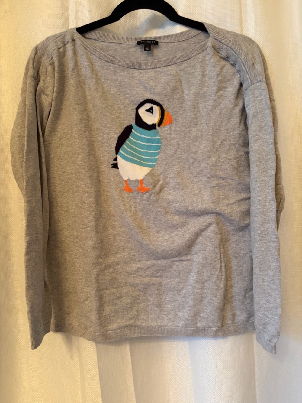 Talbots Gray Crewneck Sweater with Puffin Motif